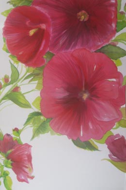 Silk Painting Red Hollyhocks